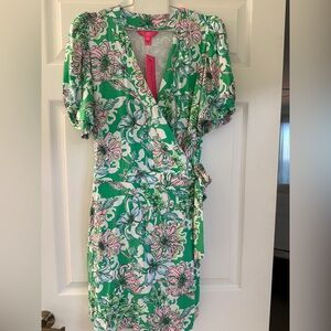 Lilly Pulitzer Vibrant Green and Pink Wrap Midi Dress